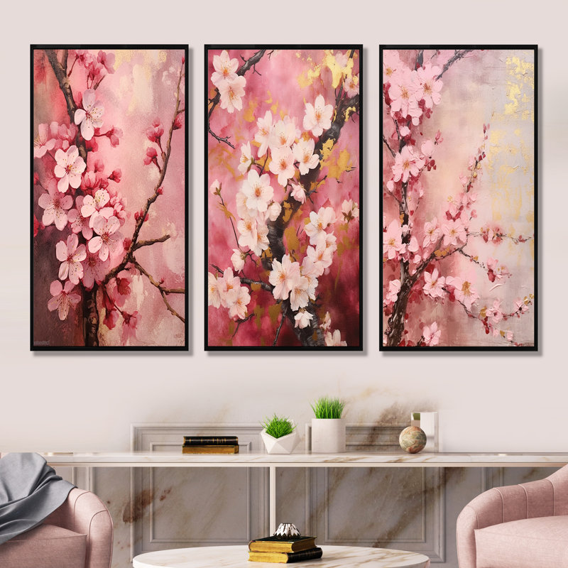 Cherry Blossoms Dark Pink Collage, Black Floater Framed, 32" H x 48" W