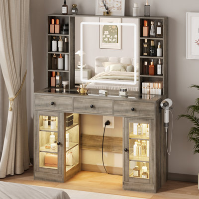 Vanity Desk with RGB Lights, Top, Lighted Mirror and Built-in Hair Dryer Rack, All-in-One Makeup Table with Drawers and Shelves by Brayden Studio