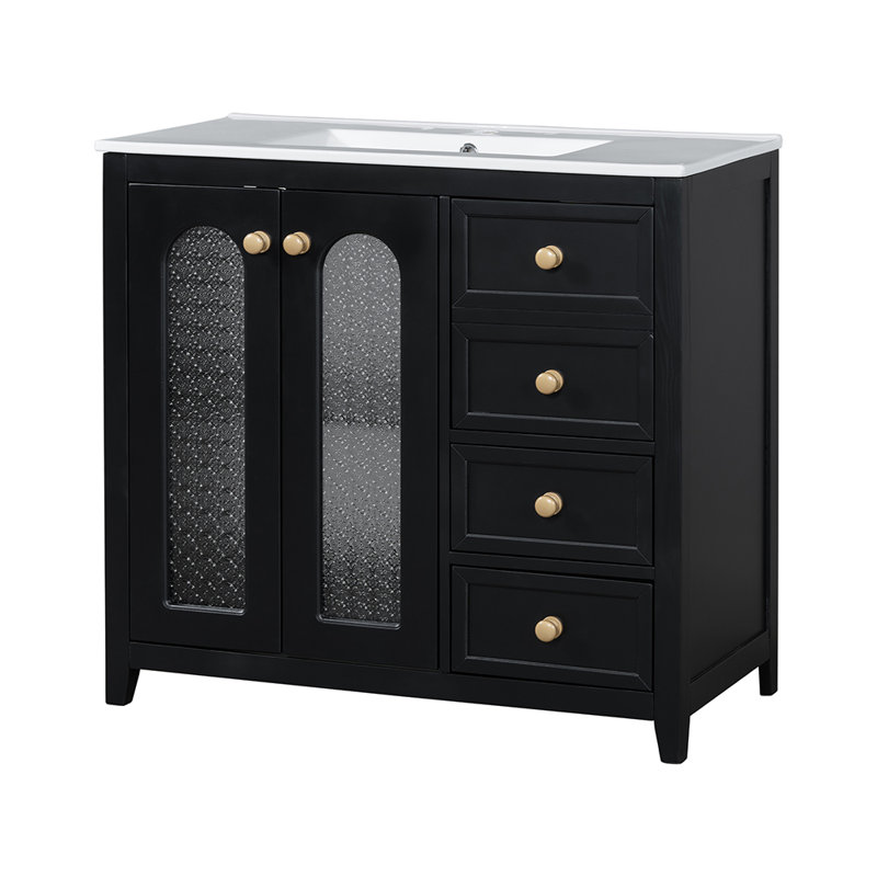 bathroom vanity with two soft close doors adjustable shelves and three drawers, Black