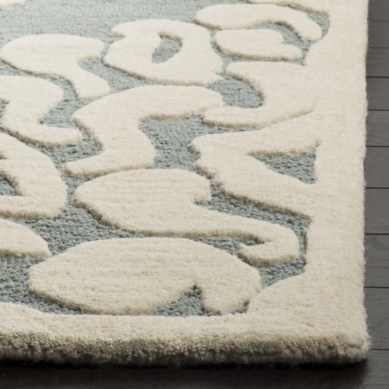 Tapis vert / beige en laine touffeté à la main Floret, Rond 4 pi
