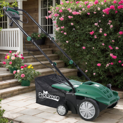 2-in-1 Electric Lawn Dethatcher And Scarifier, 13" Width, 12amp Motor, Large 31.7qt Collection Bag, Adjustable Rake Height