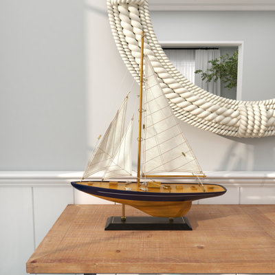 Wood Sail Boat Decorative Sculpture with Beige and Navy Accents and Lifelike Rigging