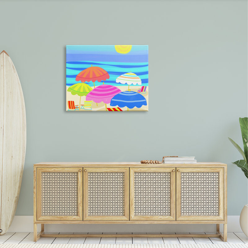 «Vibrant Sun Umbrellas Summer Beach Shore Scene» par Maret Hensick - impression, H 30 po x l 40 po x P 1,5 po, Toile tendue