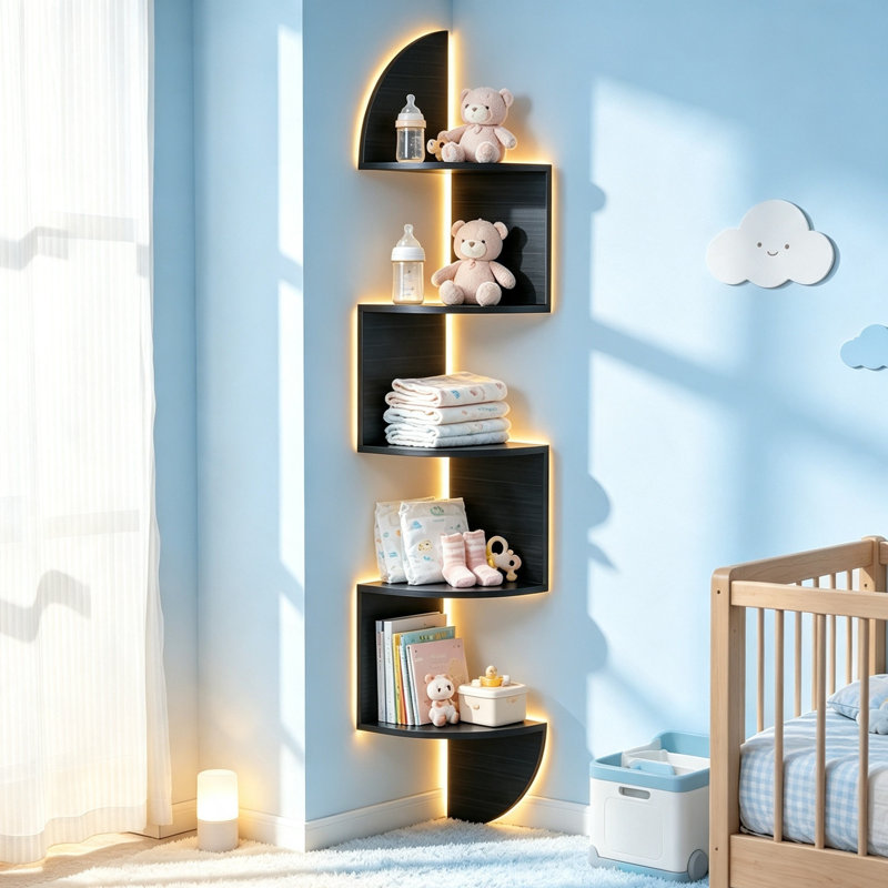 Étagère d'angle à 5 niveaux peu encombrante avec lumière DEL, présentoir flottant en zigzag pour petits espaces, chambre à coucher, salon, salle de bain, bureau à domicile