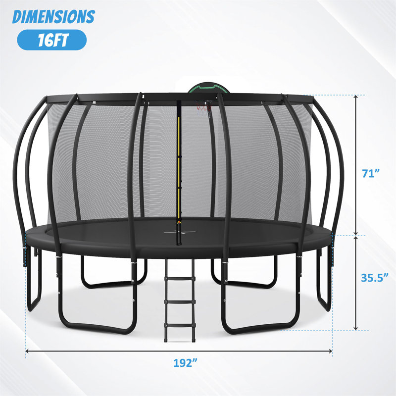 16FT Trampoline For Kids With Upgraded Arcpole And Composite Toploop For Safety Enclosure, Plus Basketball Board And 12 Ground Stakes, Outdoor Recreational Playset Balance Physical Training Trampoline