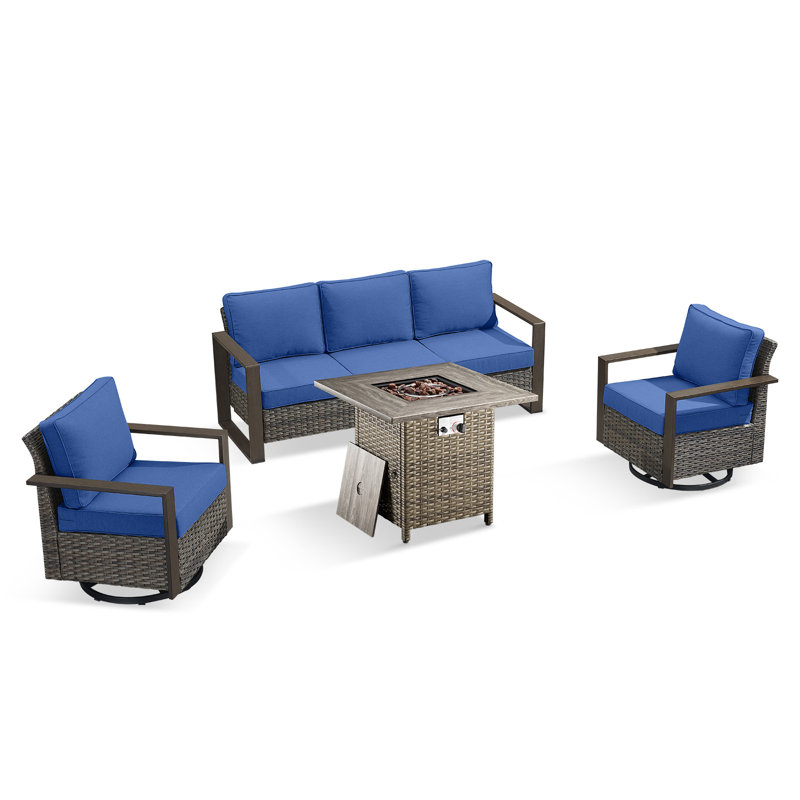 Palomares Swivel 4-Piece Outdoor Wicker Patio Conversation Set With Cushions, Square Fire Pit Table, Gray, Blue