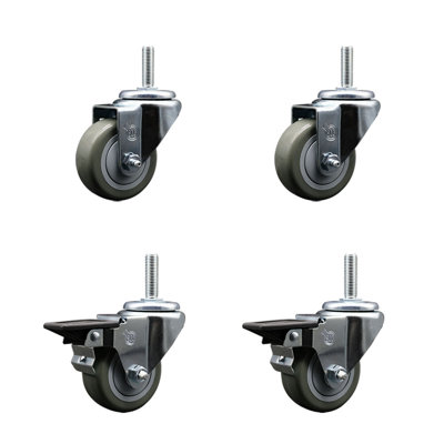 3 Inch Gray Poly Wheel Swivel 3/4 Inch Threaded Stem Caster Set 2 Brakes