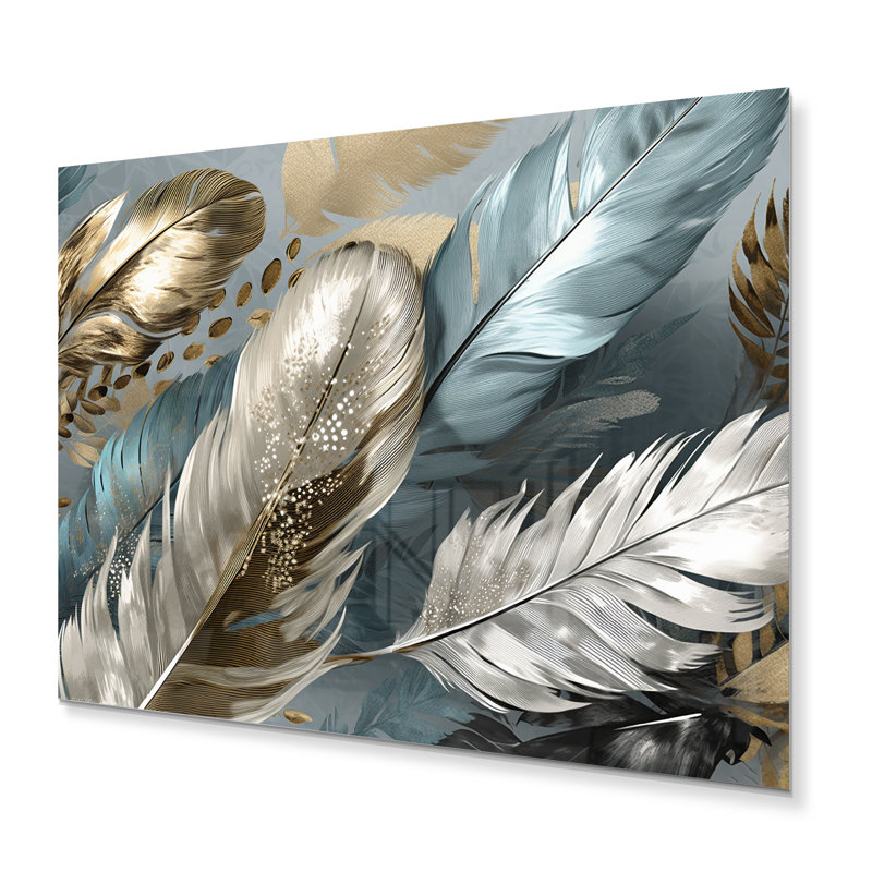 Plumes dorées dorées Gricelda IV sur impression métallique, H 12 po x l 20 po
