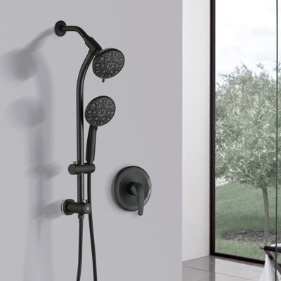Système de douche mural avec perceuse, double pommeau noir mat et barre de douche coulissante en acier inoxydable, 7 jets différents