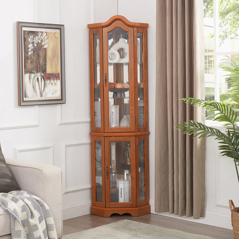 Curio Cabinet, Lighted Glass Display Curio Cabinet, Corner Cabinet With Bulb, Entryway Cabinet, Oak