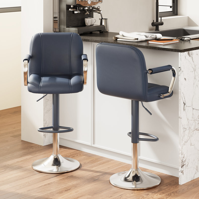 Tavion Adjustable Swivel Faux Leather Bar Stool with Armrests and Footrest, Blue