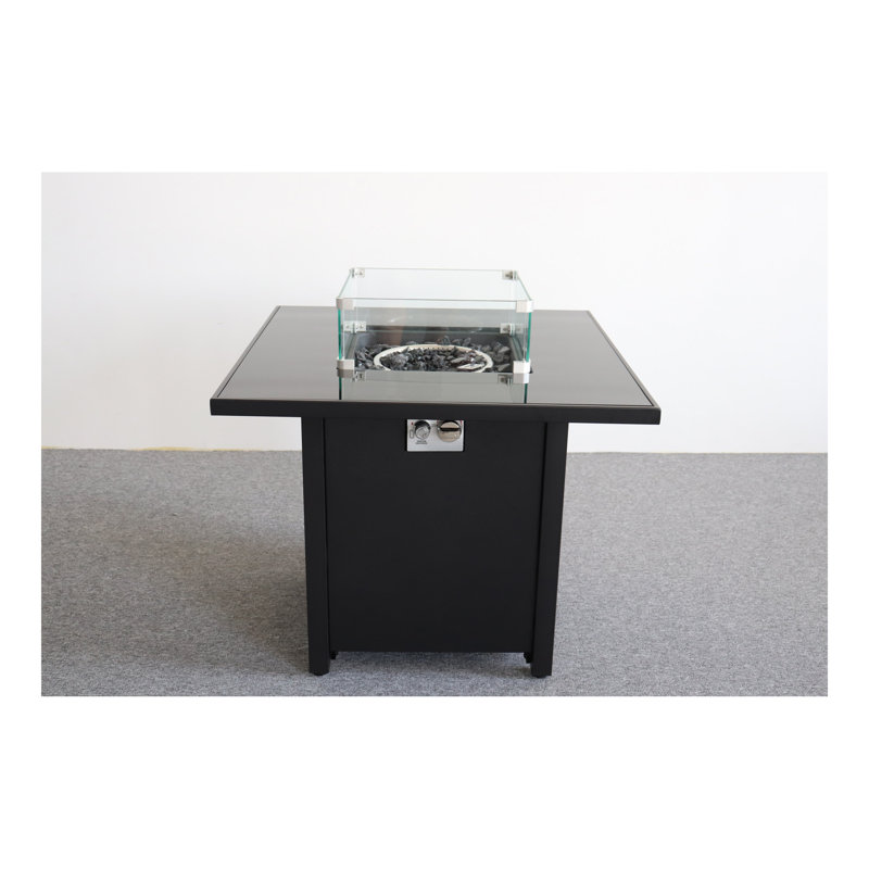 Foyer d'extérieur 30 po en métal thermolaqué noir avec plateau en verre fumé