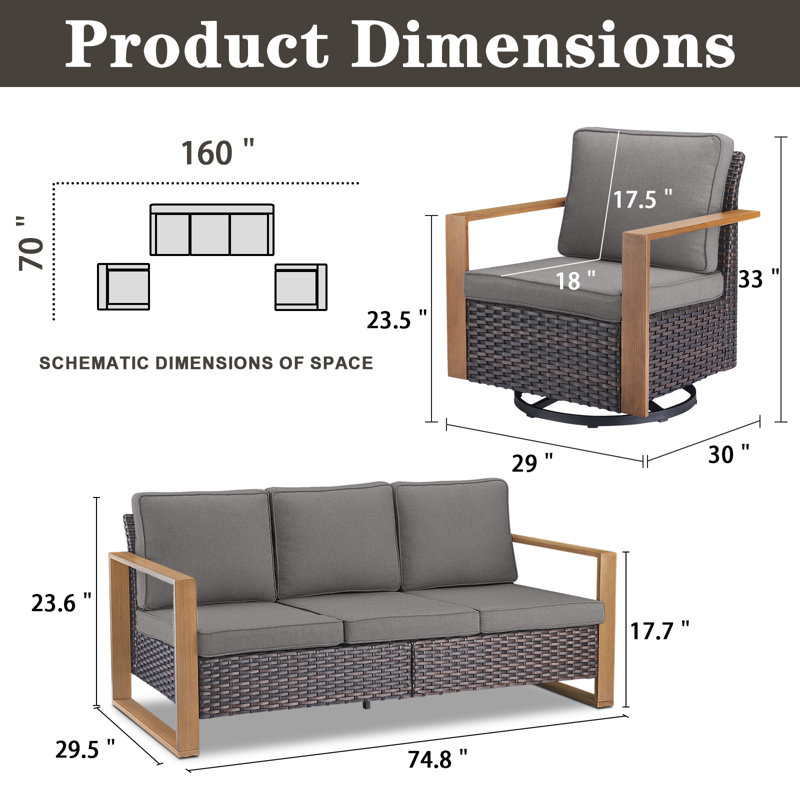 Kelyse Patio PE Wicker Outdoor Conversation Set Contain Sofa And Chairs, Brown, Gray