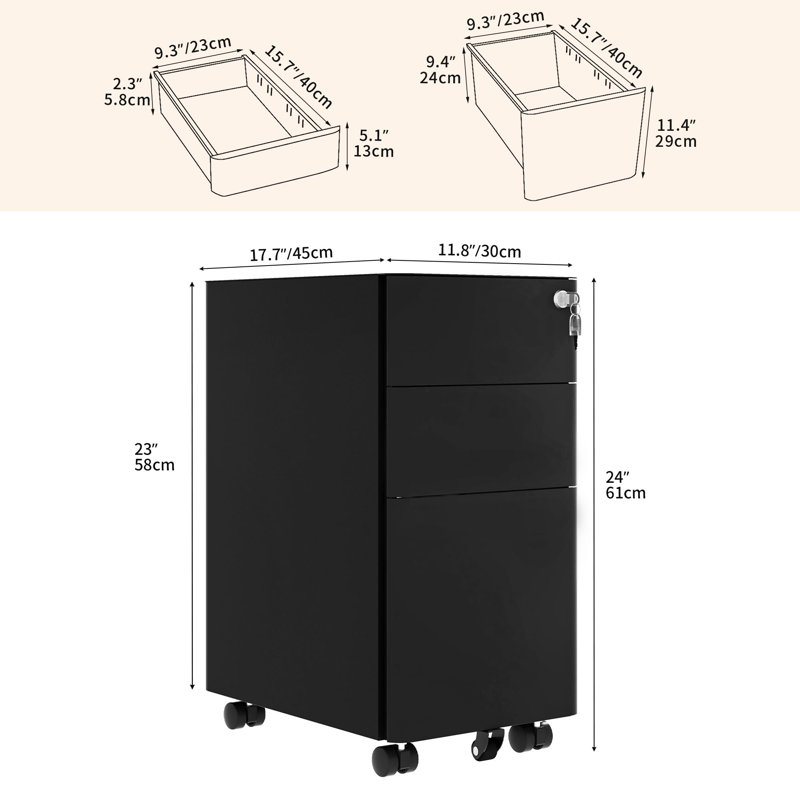 30cm Wide 3 -Drawer Mobile File Cabinet