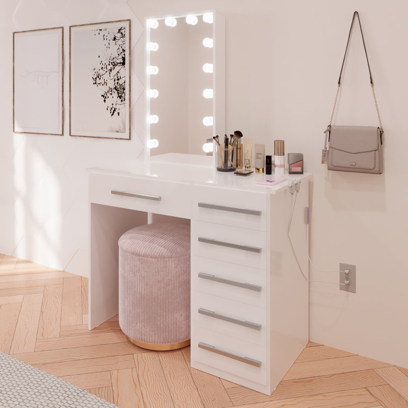 Boahaus Sofia Modern Lighted Vanity Table, Mirror with Lights Add-On, USB (Type A & C) and 06 Drawers for Storage