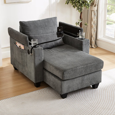 Chaise en velours côtelé 37,4 po à double usage avec ports, porte-gobelets, poches latérales et rangement pour la chambre à coucher du salon, chaise longue convertible grise en velours côtelé doux, recharge, support pour téléphone