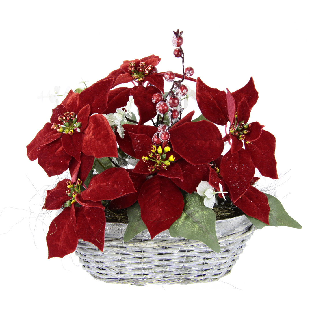 Kunstblumen Arrangement Poinsettie Beeren im Korb