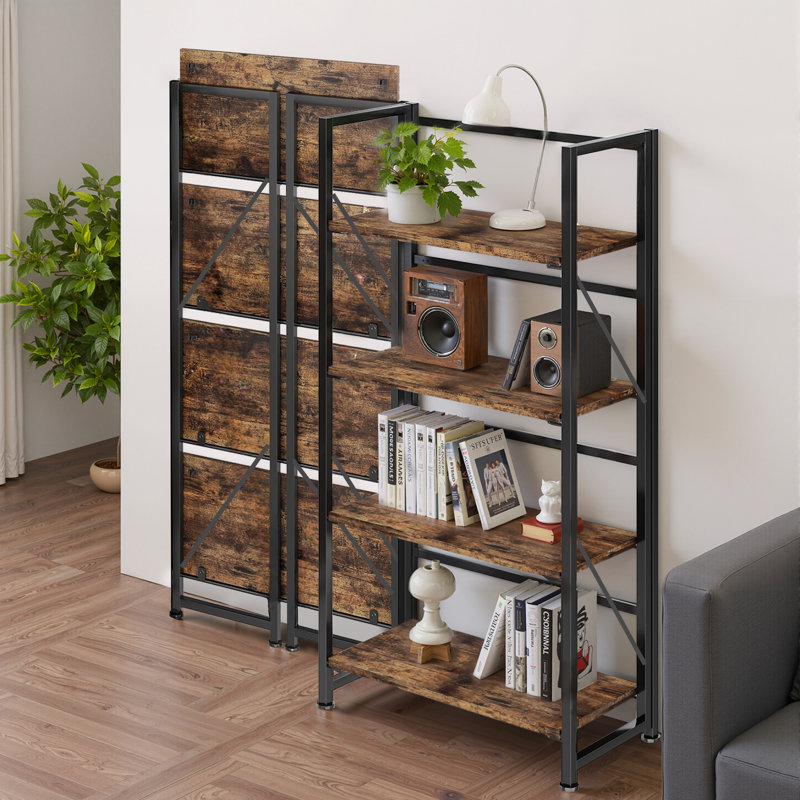 4-Tier Foldable Bookshelf With Metal Frame, No-Assembly Storage Shelves & Plant Display Rack For Home Office, Rustic Brown