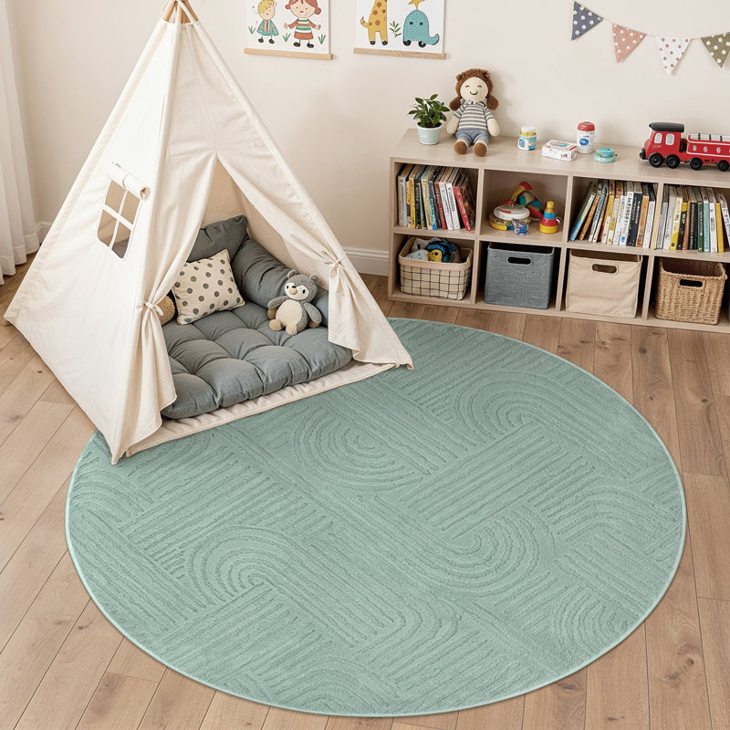 Geometric Area Rug, Round 160 cm, Sage Green