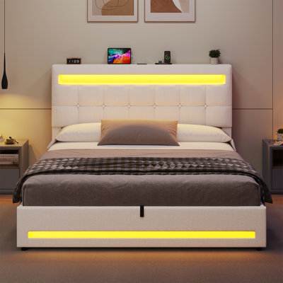 Ottoman Bed Frame with Charging Station & LED Lights, Upholstered Platform Bed frame with Under-bed Storage and Storage Headboard, No Box Spring Needed