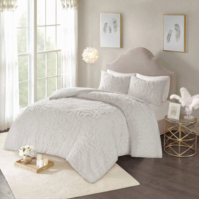 Literie 3 pièces en chenille de coton touffetée de style bohème, beige/rouge, format king/cal king