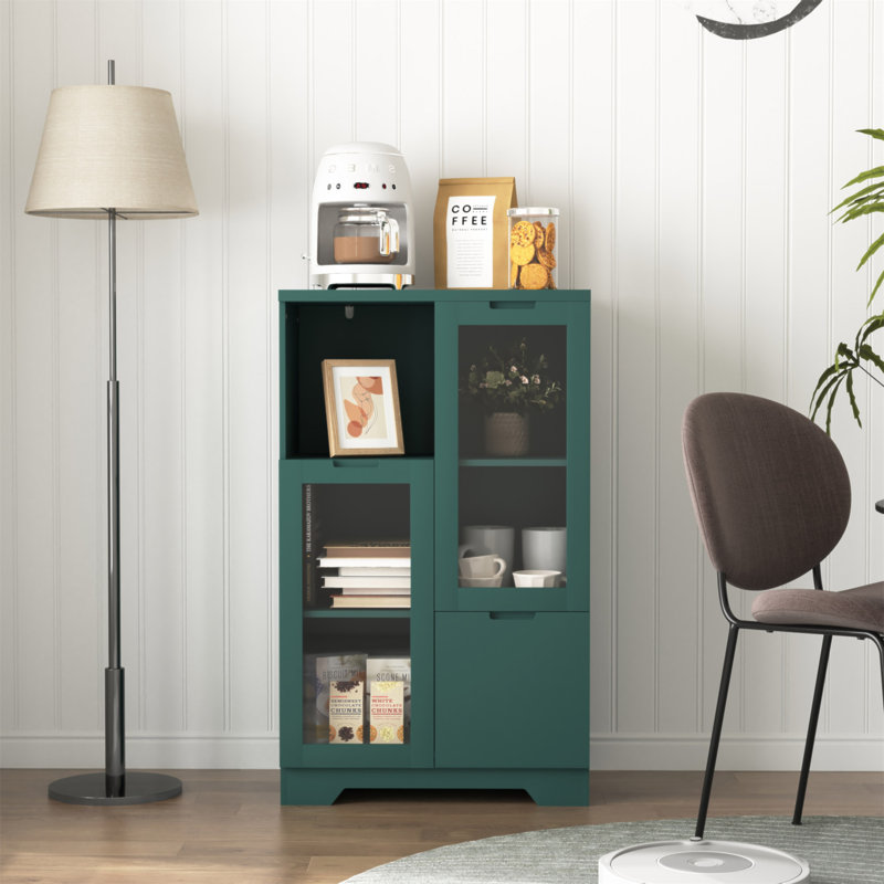 Wooden Floor Cabinet With 2 Glass Doors And 2 Storage Space,Living Room Bathroom Entryway, Green