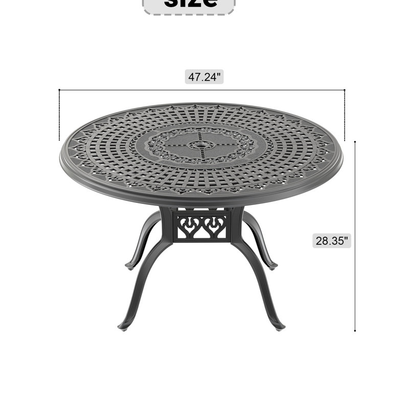 Table de salle à manger 46,14 po avec cadre en fonte d'aluminium et trou pour parasol 46,14 po noir pour jardin et trou