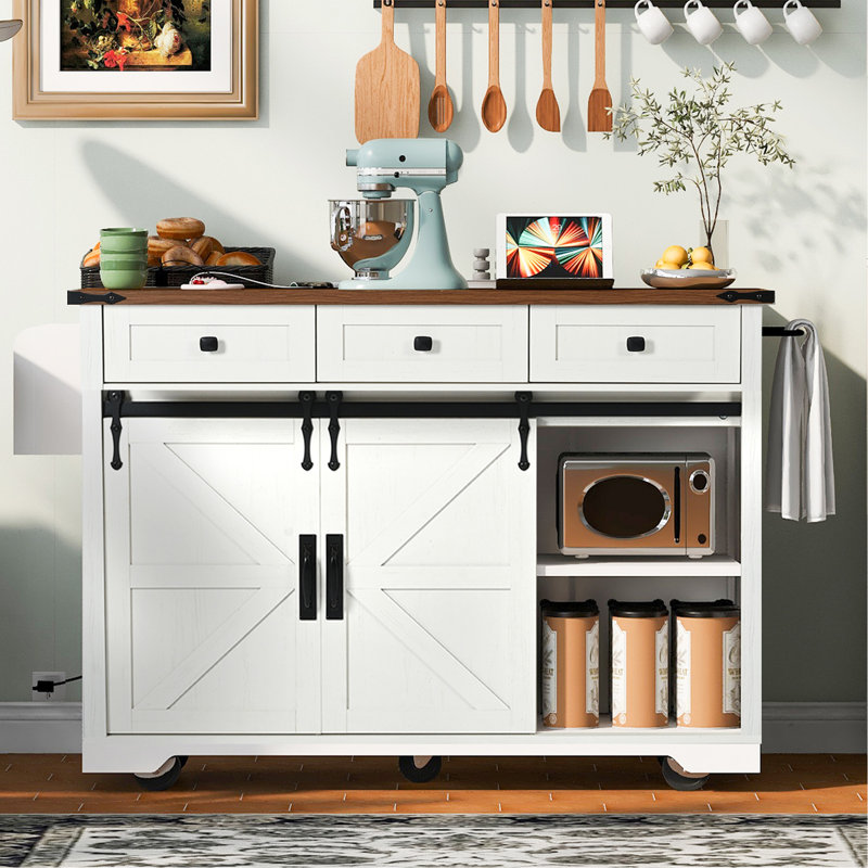 K&K 53.7" Farmhouse Kitchen Island with Power Outlet, 2 Sliding Barn Door Kitchen Storage Island with Drop Leaf, Spice Rack Rolling Kitchen Cart on Wheels, for Home, Kitchen and Dining Room, White