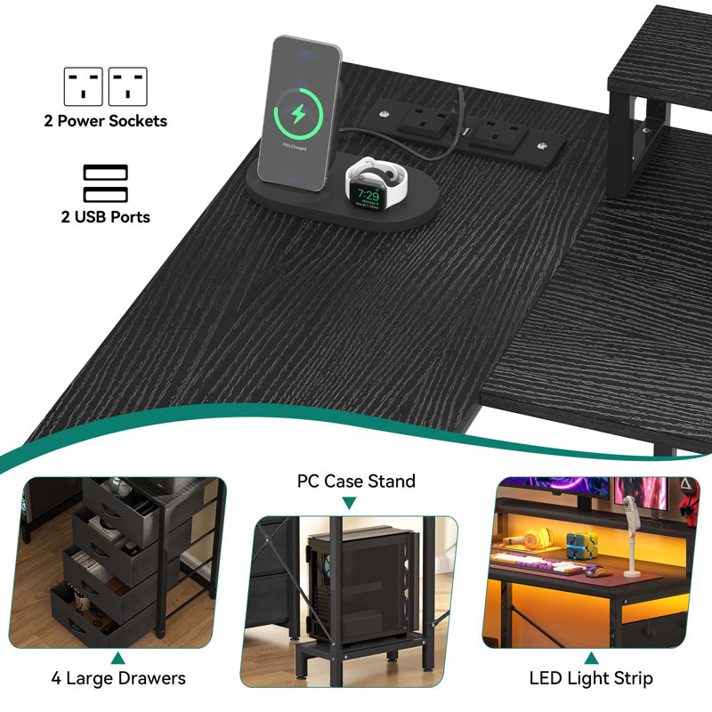 L-Shaped Computer Desk with Power Outlet, Black