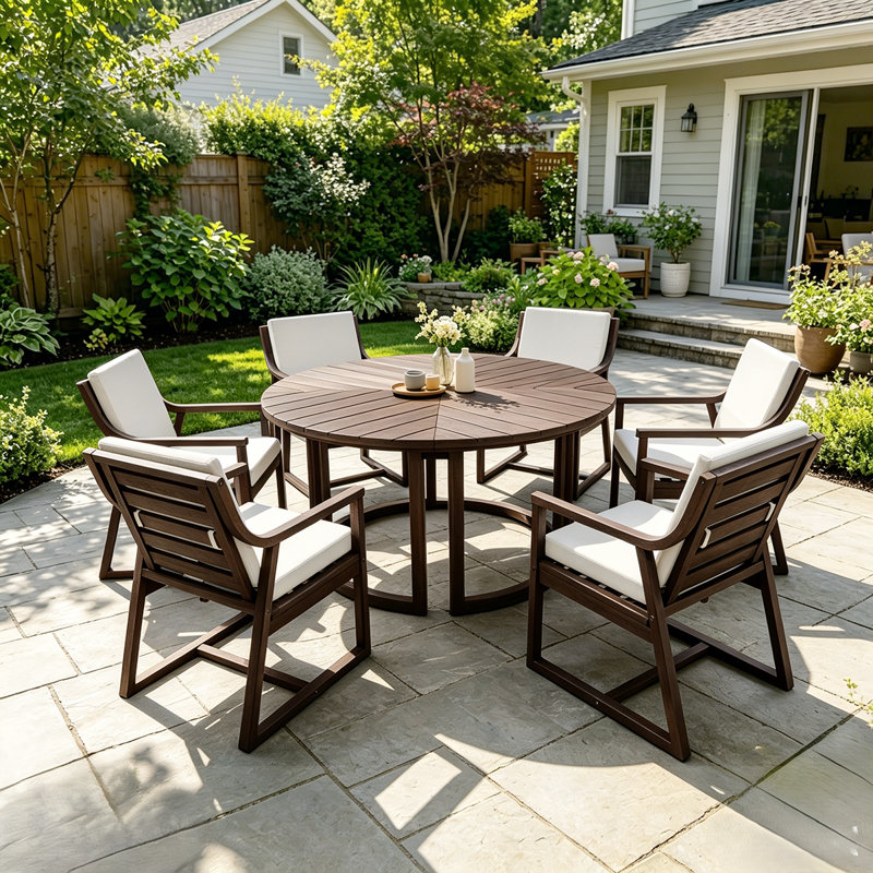 Durable Outdoor Patio Set For 6 - Spacious Round Table With Padded Chairs&Umbrella Hole For Outdoor Entertaining