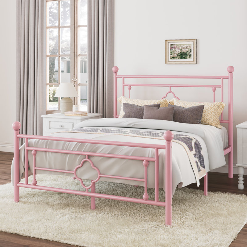 Pink Queen Metal Platform Bed Frame with Vintage Headboard and Footboard