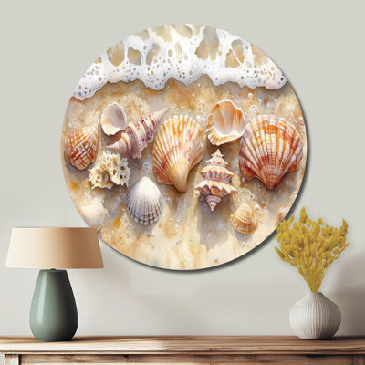 Seashells On Sandy Shore - Seashell Round Metal Wall Decor
