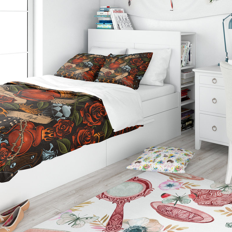 Ensemble de housse de couette designart old school tatouage, Housse de couette très grand + 2 taies décoratives