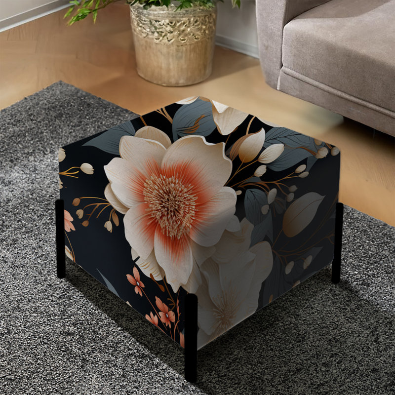Repose-pieds carré fleuri noir et beige