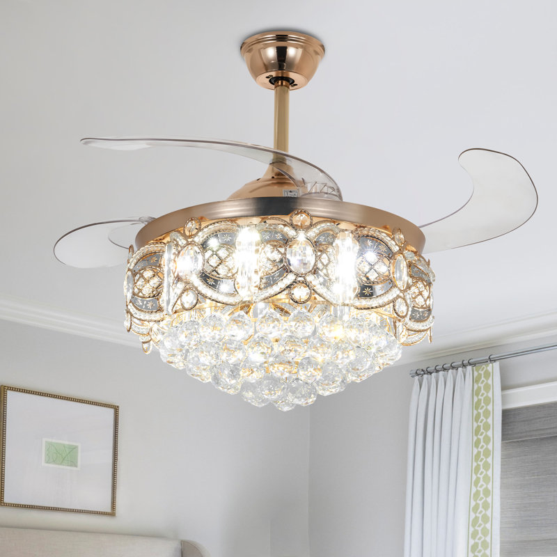 Dreux Modern Crystal Ceiling Fan with LED Bulbs and Remote Control , Gold, 43.3" x 19.7"
