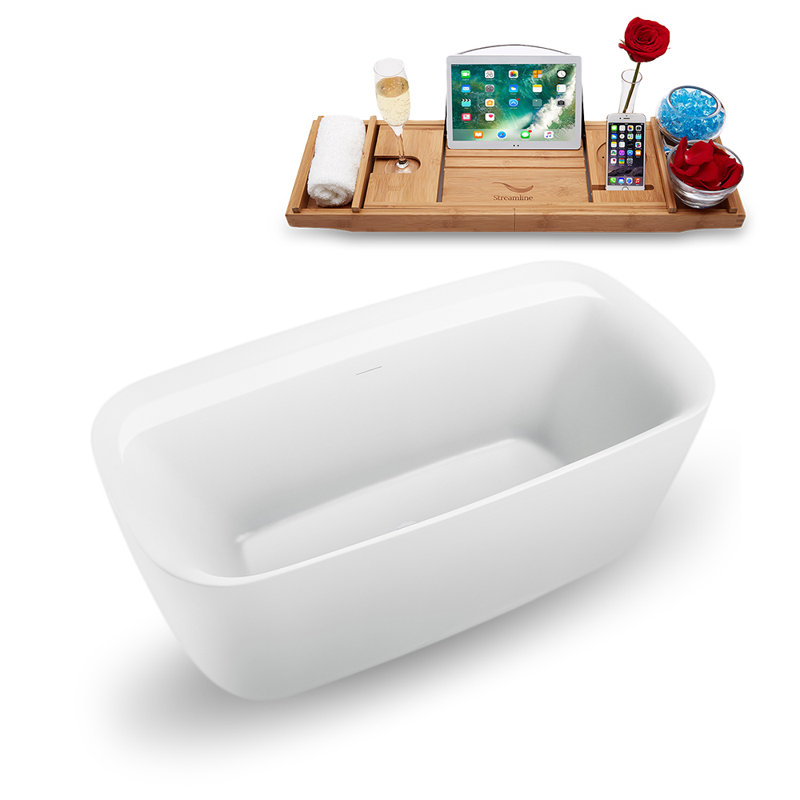 Baignoire de trempage autoportante 59 "avec drain et plateau en bambou 59" Streamline, Blanc lustré