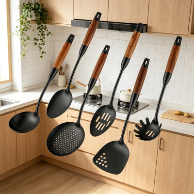 Ensemble d'ustensiles de cuisine professionnel en acier inoxydable 6 pièces avec poignée en bois résistant à la chaleur - Spatule, cuillère, louche, écumoire, cuillère à fentes, plat à pâtes pour cuisiner et servir