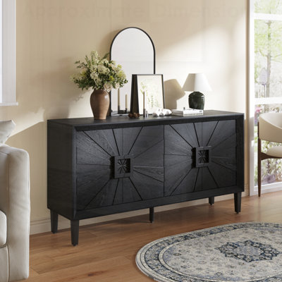 Crédence rustique haut de gamme de qualité supérieure en noir élégant - Porte symétrique Sunburst, meuble télé robuste avec tablettes réglables, armoire de rangement en bois noir