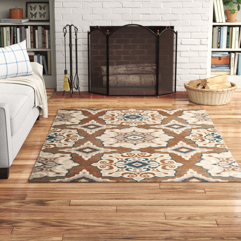 Tapis à motif géométrique bleu céruléen / taupe / ivoire Mountview, Rectangle 9 pi 2 po x 12 pi 5 po