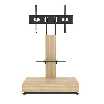 Adjustable Height Mobile TV Cart With Push-Pull Drawer For 32-75 Inch Tvs, Wood & Glass Stand With Wheels