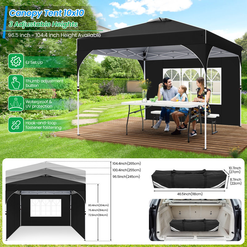 Tent 10x10 Pop up Canopy Outdoor Shade with Sidewalls UPF 50+ Waterproof Canopy, Black