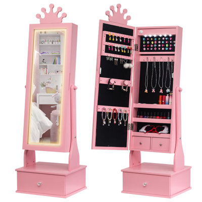 Kids Jewelry Armoire with Full-Length Mirror & LED Light, 2 Tilt Angles, 3 Drawers, Pink