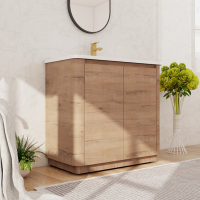 Ensemble de meuble-lavabo, meuble-lavabo simple autoportant avec lavabo en céramique, meuble-lavabo sur pied avec 2 portes et 1 tablette