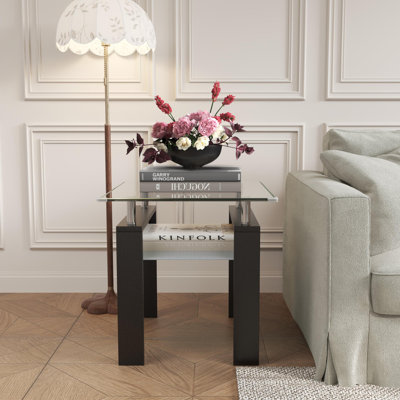 23.6" Glass End Table, 2-Tier Storage Shelf with Tempered Glass and Stainless Steel Legs, Modern Square Accent Table for Living Room, Bedroom, and Small Spaces