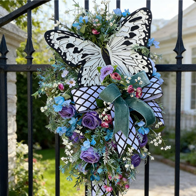 Couronne papillon à motif floral avec fleurs artificielles bleues et mauves, décoration de porte d'entrée avec nœud pour le printemps et l'été