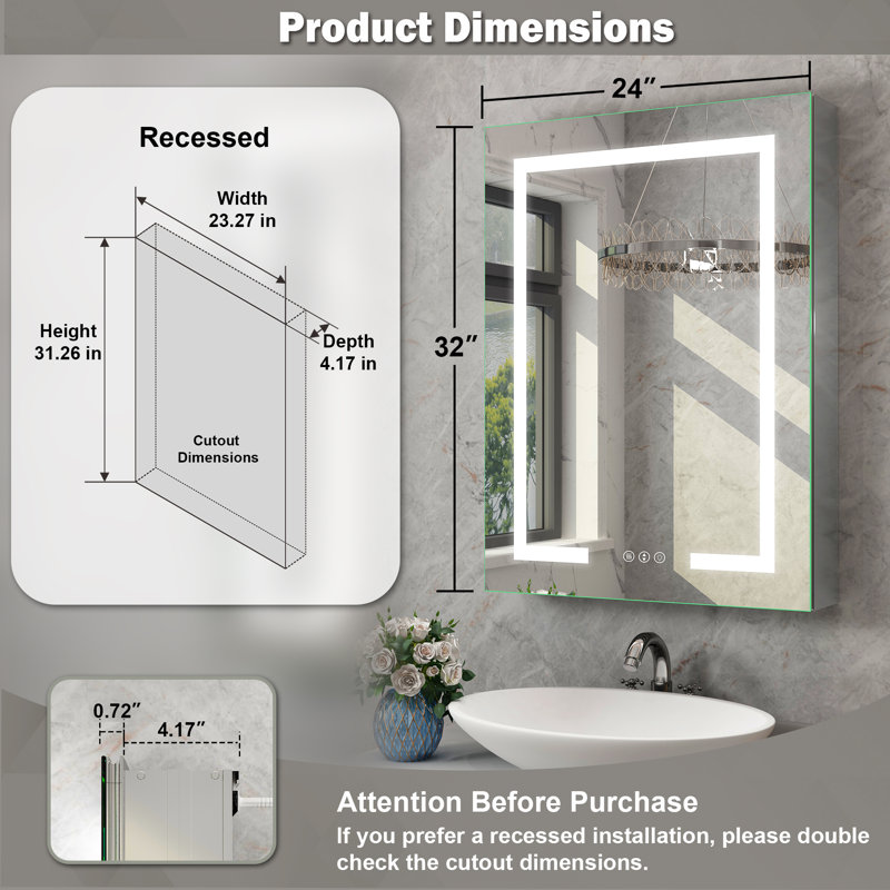 Hartli 24"W* 32"H Recessed or Surface Mount LED Medicine Cabinet Mirror with Dimmable Light & Socket, Silver, Right Hinge
