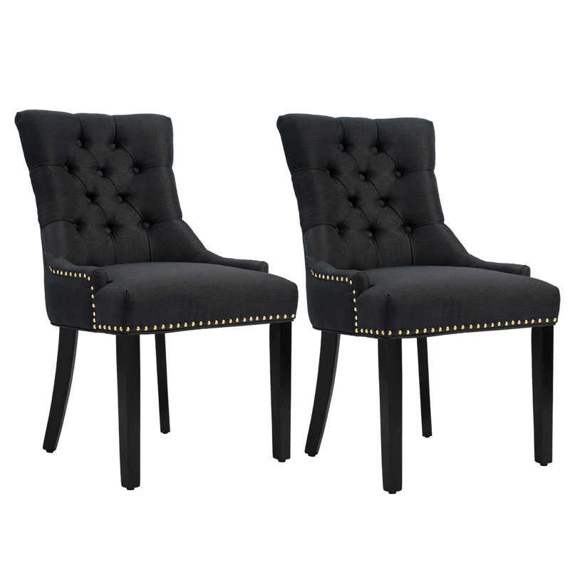 Berenis Tufted Linen Upholstered Elegant Dinning Chair, Black, Black