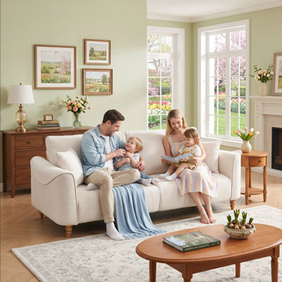 Canapé moderne à accoudoirs évasés à 3 places, lin texturé naturel, beige