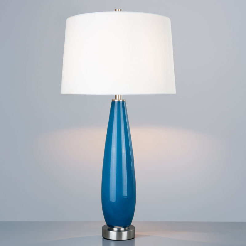 28" Modern Blue Art Glass Table Lamp with White Linen Drum Shade and Brushed Stainless Steel Base, 28" H x 13" W x 13" D