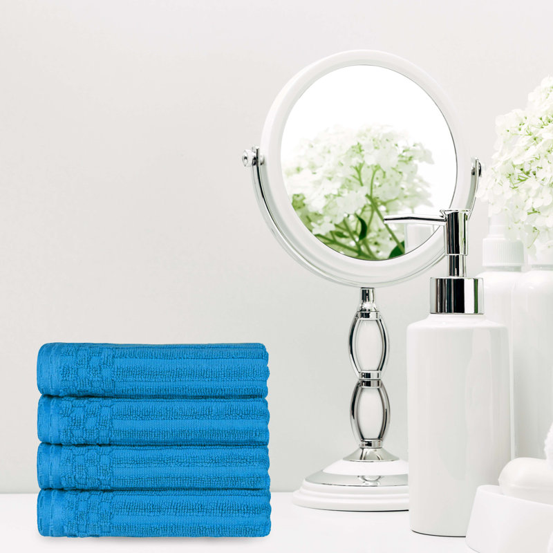Kleiman Cotton Highly Absorbent Solid and Checkered Border Hand Towel Set, Sky Blue